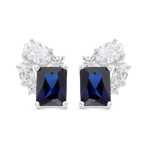 [EAR01SAP00WCZC086] Sterling Silver 925 Earring Rhodium Plated Embedded With Sapphire Corundum And White CZ
