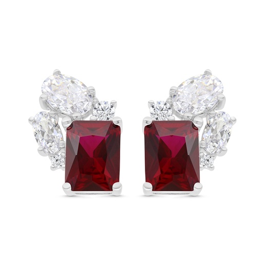 [EAR01RUB00WCZC086] Sterling Silver 925 Earring Rhodium Plated Embedded With Ruby Corundum And White CZ