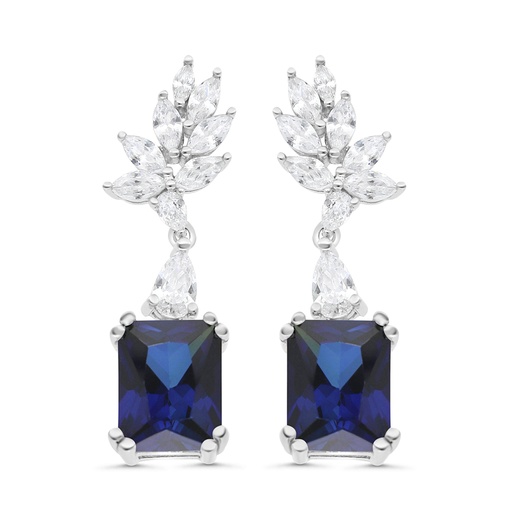 [EAR01SAP00WCZC088] Sterling Silver 925 Earring Rhodium Plated Embedded With Sapphire Corundum And White CZ