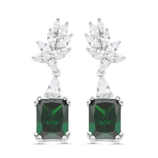 [EAR01EMR00WCZC088] Sterling Silver 925 Earring Rhodium Plated Embedded With Emerald Zircon And White CZ
