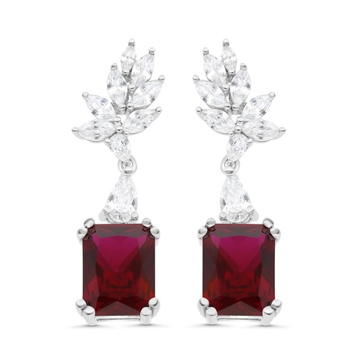 [EAR01RUB00WCZC088] Sterling Silver 925 Earring Rhodium Plated Embedded With Ruby Corundum And White CZ
