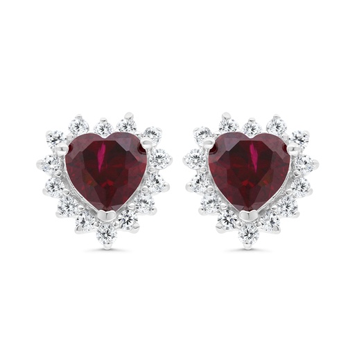 [EAR01RUB00WCZC121] Sterling Silver 925 Earring Rhodium Plated Embedded With Ruby Corundum And White CZ