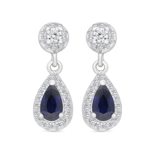 [EAR01SAP00WCZC122] Sterling Silver 925 Earring Rhodium Plated Embedded With Sapphire Corundum And White CZ