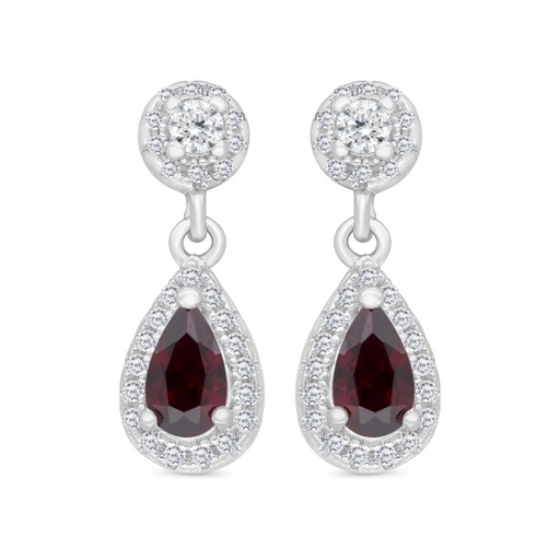 [EAR01RUB00WCZC122] Sterling Silver 925 Earring Rhodium Plated Embedded With Ruby Corundum And White CZ