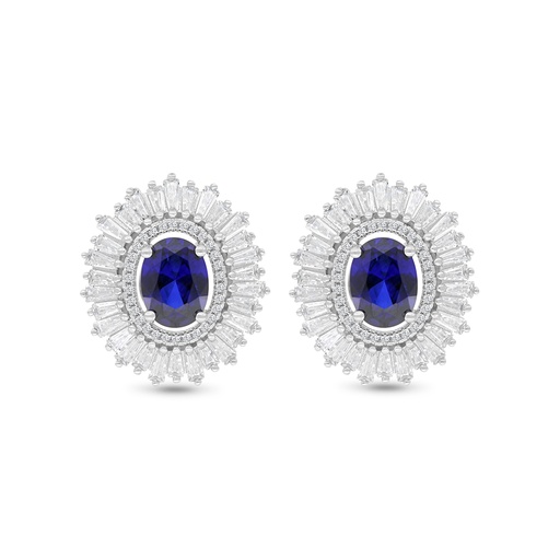 [EAR01SAP00WCZC124] Sterling Silver 925 Earring Rhodium Plated Embedded With Sapphire Corundum And White CZ