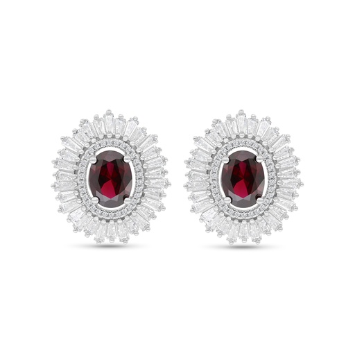 [EAR01RUB00WCZC124] Sterling Silver 925 Earring Rhodium Plated Embedded With Ruby Corundum And White CZ