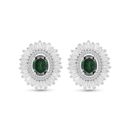 [EAR01EMR00WCZC124] Sterling Silver 925 Earring Rhodium Plated Embedded With Emerald Zircon And White CZ