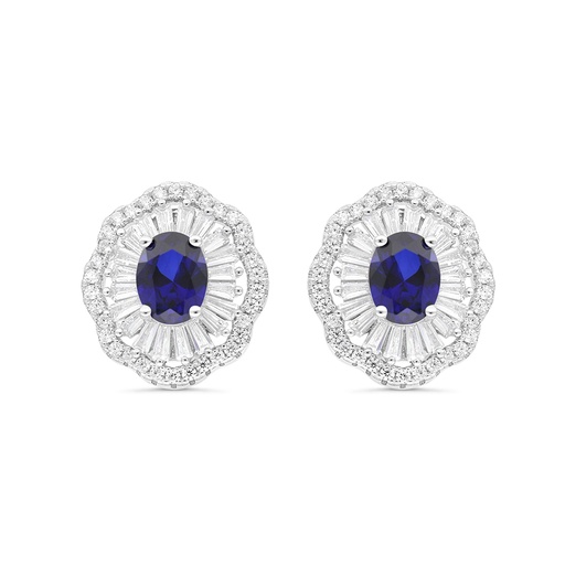 [EAR01SAP00WCZC125] Sterling Silver 925 Earring Rhodium Plated Embedded With Sapphire Corundum And White CZ