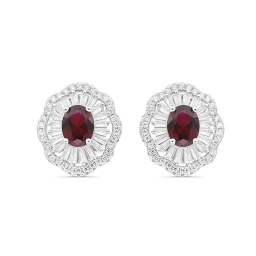 [EAR01RUB00WCZC125] Sterling Silver 925 Earring Rhodium Plated Embedded With Ruby Corundum And White CZ