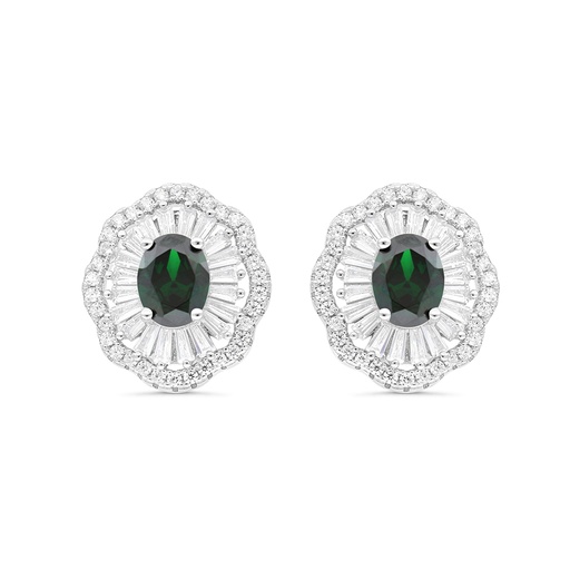 [EAR01EMR00WCZC125] Sterling Silver 925 Earring Rhodium Plated Embedded With Emerald Zircon And White CZ
