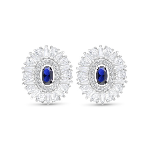 [EAR01SAP00WCZC126] Sterling Silver 925 Earring Rhodium Plated Embedded With Sapphire Corundum And White CZ