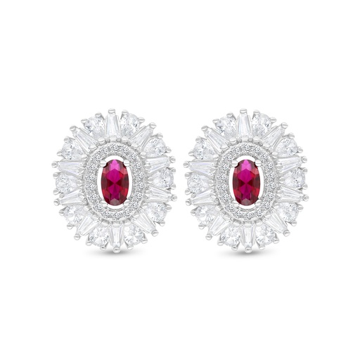 [EAR01RUB00WCZC126] Sterling Silver 925 Earring Rhodium Plated Embedded With Ruby Corundum And White CZ