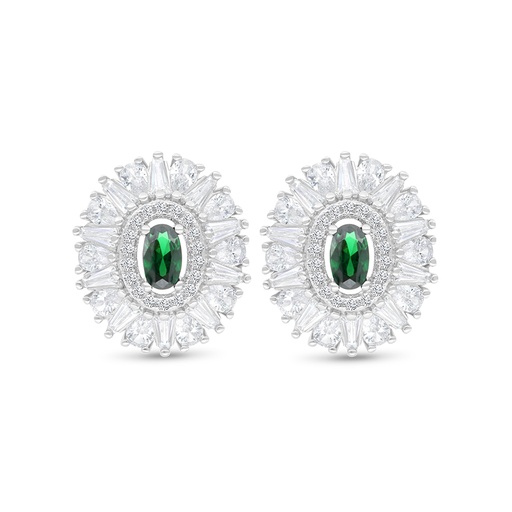 [EAR01EMR00WCZC126] Sterling Silver 925 Earring Rhodium Plated Embedded With Emerald Zircon And White CZ