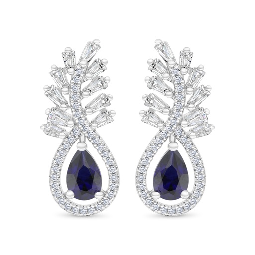[EAR01SAP00WCZC127] Sterling Silver 925 Earring Rhodium Plated Embedded With Sapphire Corundum And White CZ