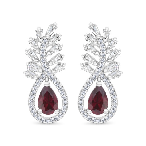 [EAR01RUB00WCZC127] Sterling Silver 925 Earring Rhodium Plated Embedded With Ruby Corundum And White CZ