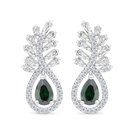 [EAR01EMR00WCZC127] Sterling Silver 925 Earring Rhodium Plated Embedded With Emerald Zircon And White CZ