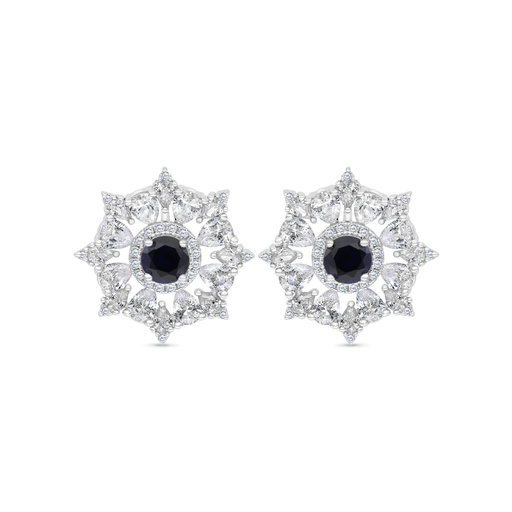 [EAR01SAP00WCZC128] Sterling Silver 925 Earring Rhodium Plated Embedded With Sapphire Corundum And White CZ