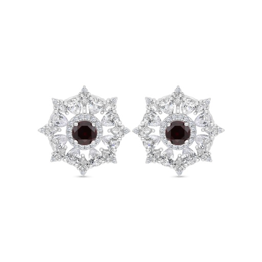 [EAR01RUB00WCZC128] Sterling Silver 925 Earring Rhodium Plated Embedded With Ruby Corundum And White CZ