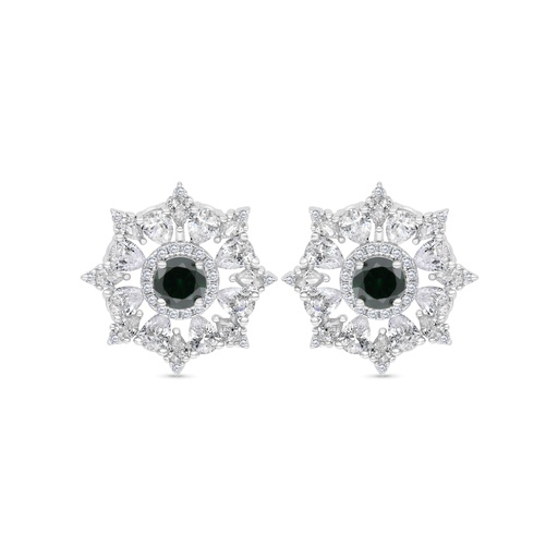 [EAR01EMR00WCZC128] Sterling Silver 925 Earring Rhodium Plated Embedded With Emerald Zircon And White CZ