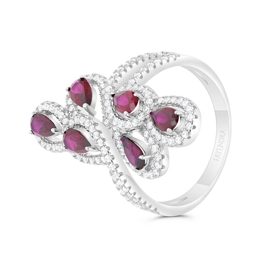 Sterling Silver 925 Ring Rhodium Plated Embedded With Ruby Corundum And White CZ
