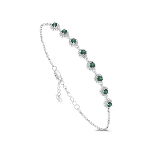 [BRC01EMR00WCZB037] Sterling Silver 925 Bracelet Rhodium Plated Embedded With Emerald Zircon And White CZ