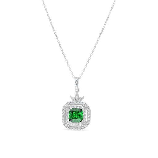 [NCL01EMR00WCZB255] Sterling Silver 925 Necklace Rhodium Plated Embedded With Emerald Zircon And White CZ