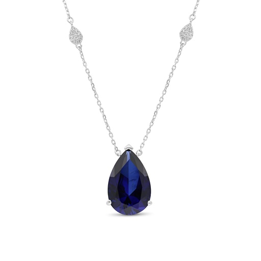 [NCL01SAP00WCZB258] Sterling Silver 925 Necklace Rhodium Plated Embedded With Sapphire Corundum And White CZ