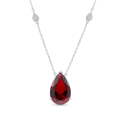 [NCL01RUB00WCZB258] Sterling Silver 925 Necklace Rhodium Plated Embedded With Ruby Corundum And White CZ