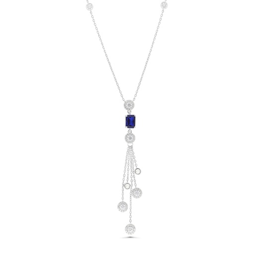 [NCL01SAP00WCZB260] Sterling Silver 925 Necklace Rhodium Plated Embedded With Sapphire Corundum And White CZ