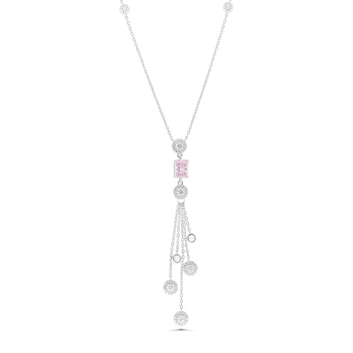 [NCL01PIK00WCZB260] Sterling Silver 925 Necklace Rhodium Plated Embedded With pink Zircon And White CZ