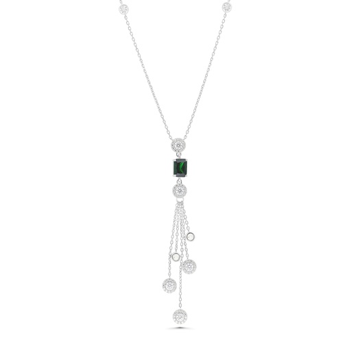 [NCL01EMR00WCZB260] Sterling Silver 925 Necklace Rhodium Plated Embedded With Emerald Zircon And White CZ