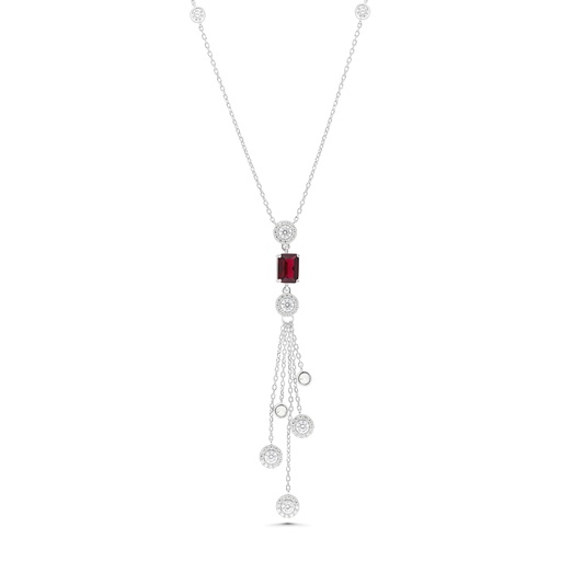 [NCL01RUB00WCZB260] Sterling Silver 925 Necklace Rhodium Plated Embedded With Ruby Corundum And White CZ