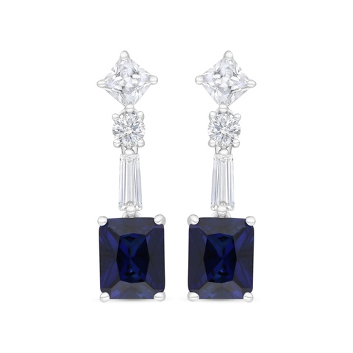 [EAR01SAP00WCZC164] Sterling Silver 925 Earring Rhodium Plated Embedded With Sapphire Corundum And White CZ