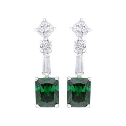 [EAR01EMR00WCZC164] Sterling Silver 925 Earring Rhodium Plated Embedded With Emerald Zircon And White CZ