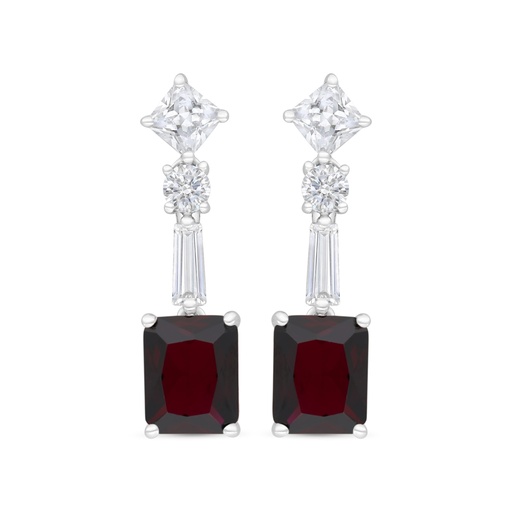 [EAR01RUB00WCZC164] Sterling Silver 925 Earring Rhodium Plated Embedded With Ruby Corundum And White CZ