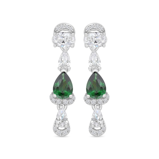 [EAR01EMR00WCZC169] Sterling Silver 925 Earring Rhodium Plated Embedded With Emerald Zircon And White CZ