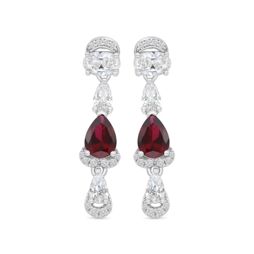 [EAR01RUB00WCZC169] Sterling Silver 925 Earring Rhodium Plated Embedded With Ruby Corundum And White CZ