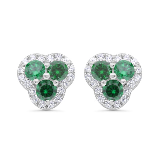 [EAR01EMR00WCZC176] Sterling Silver 925 Earring Rhodium Plated Embedded With Emerald Zircon And White CZ