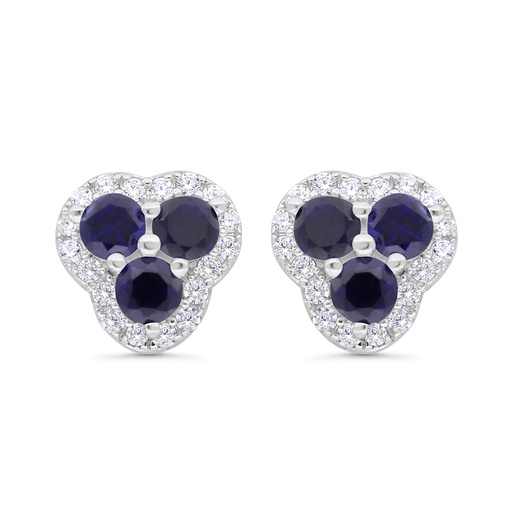 [EAR01SAP00WCZC176] Sterling Silver 925 Earring Rhodium Plated Embedded With Sapphire Corundum And White CZ