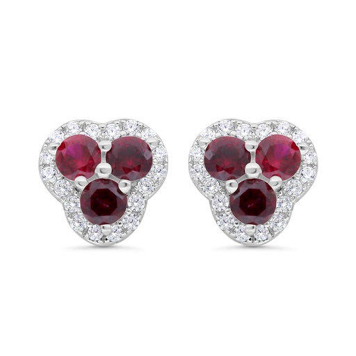 [EAR01RUB00WCZC176] Sterling Silver 925 Earring Rhodium Plated Embedded With Ruby Corundum And White CZ