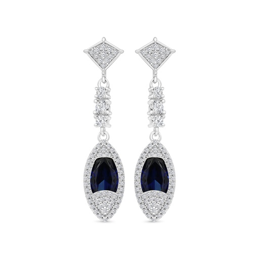 [EAR01SAP00WCZC177] Sterling Silver 925 Earring Rhodium Plated Embedded With Sapphire Corundum And White CZ