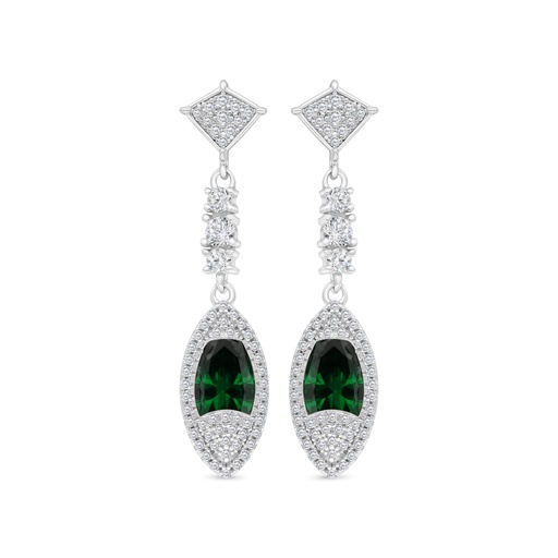[EAR01EMR00WCZC177] Sterling Silver 925 Earring Rhodium Plated Embedded With Emerald Zircon And White CZ