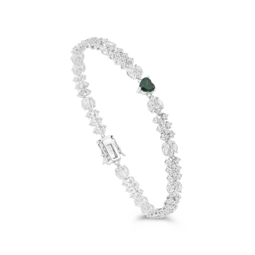 [BRC01EMR00WCZB081] Sterling Silver 925 Bracelet Rhodium Plated Embedded With Emerald Zircon And White CZ