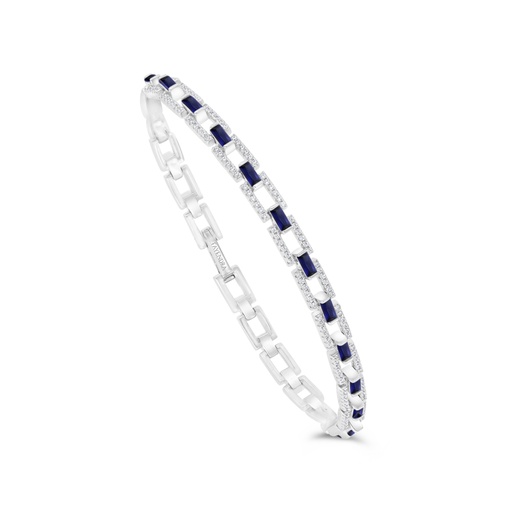 [BRC01SAP19WCZB091] Sterling Silver 925 Bracelet Rhodium Plated Embedded With Sapphire Corundum And White CZ 19 CM