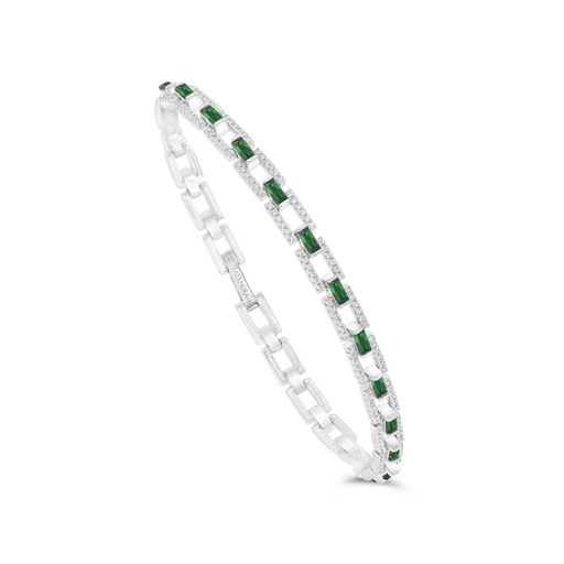[BRC01EMR19WCZB091] Sterling Silver 925 Bracelet Rhodium Plated Embedded With Emerald Zircon And White CZ 19 CM
