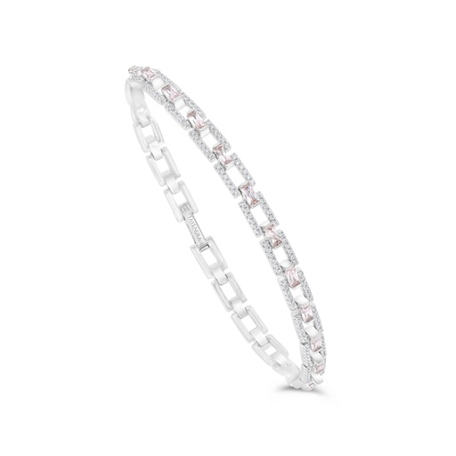 [BRC01PIK19WCZB091] Sterling Silver 925 Bracelet Rhodium Plated Embedded With Pink Zircon And White CZ 19 CM