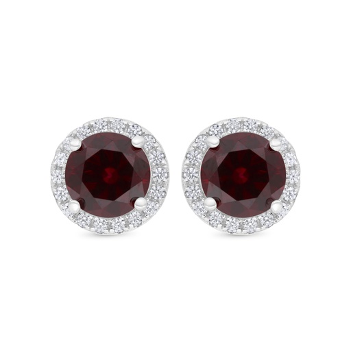 [EAR01RUB00WCZC190] Sterling Silver 925 Earring Rhodium Plated Embedded With Ruby Corundum And White CZ