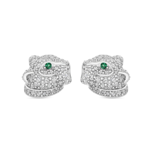 [EAR01EMR00WCZC194] Sterling Silver 925 Earring Rhodium Plated Embedded With Emerald Zircon And White CZ
