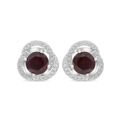 [EAR01RUB00WCZC198] Sterling Silver 925 Earring Rhodium Plated Embedded With Ruby Corundum And White CZ