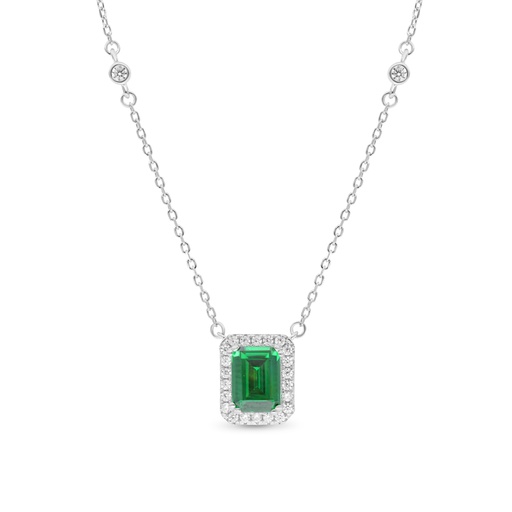 [NCL01EMR00WCZB270] Sterling Silver 925 Necklace Rhodium Plated Embedded With Emerald Zircon And White CZ